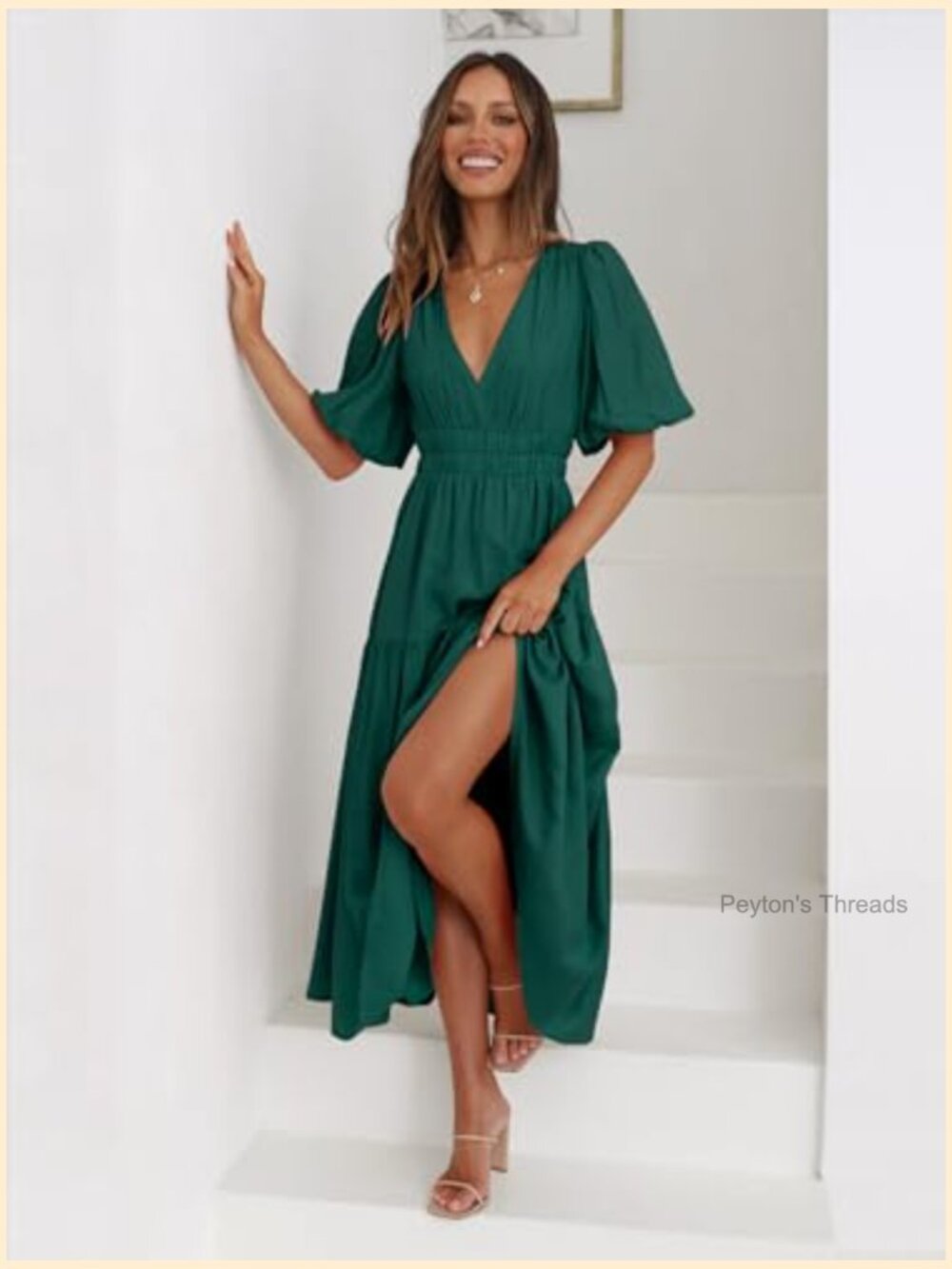 Deep V Neck Puff Short Sleeve Maxi Dress Flowy Tiered Boho Summer Dress - Picture 5 of 7
